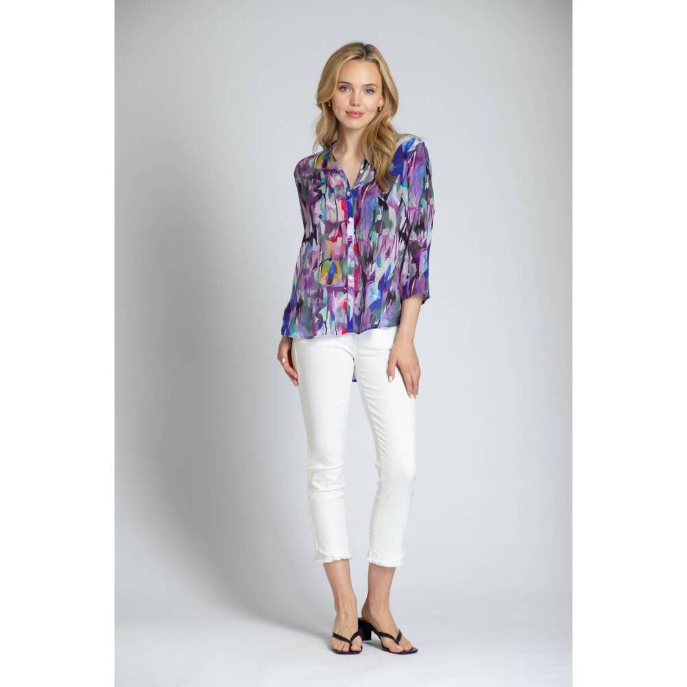 NEW APNY brush stroke ¾ sleeve mandarin collar button up blouse in purple